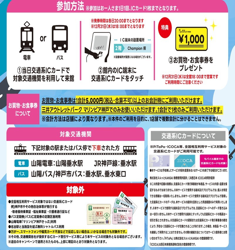 マリンピア神戸 12/27～1/12 交通系ICカードで買い物券プレゼント！垂水駅利用がお得のイメージ画像